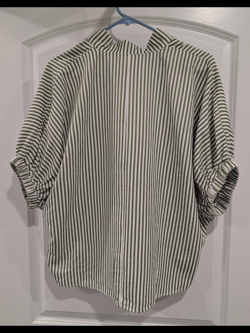 entro Olive & White Striped V-Neck Tunic with Multicolor Trim Size S (Oversized) - Picture 4 of 5